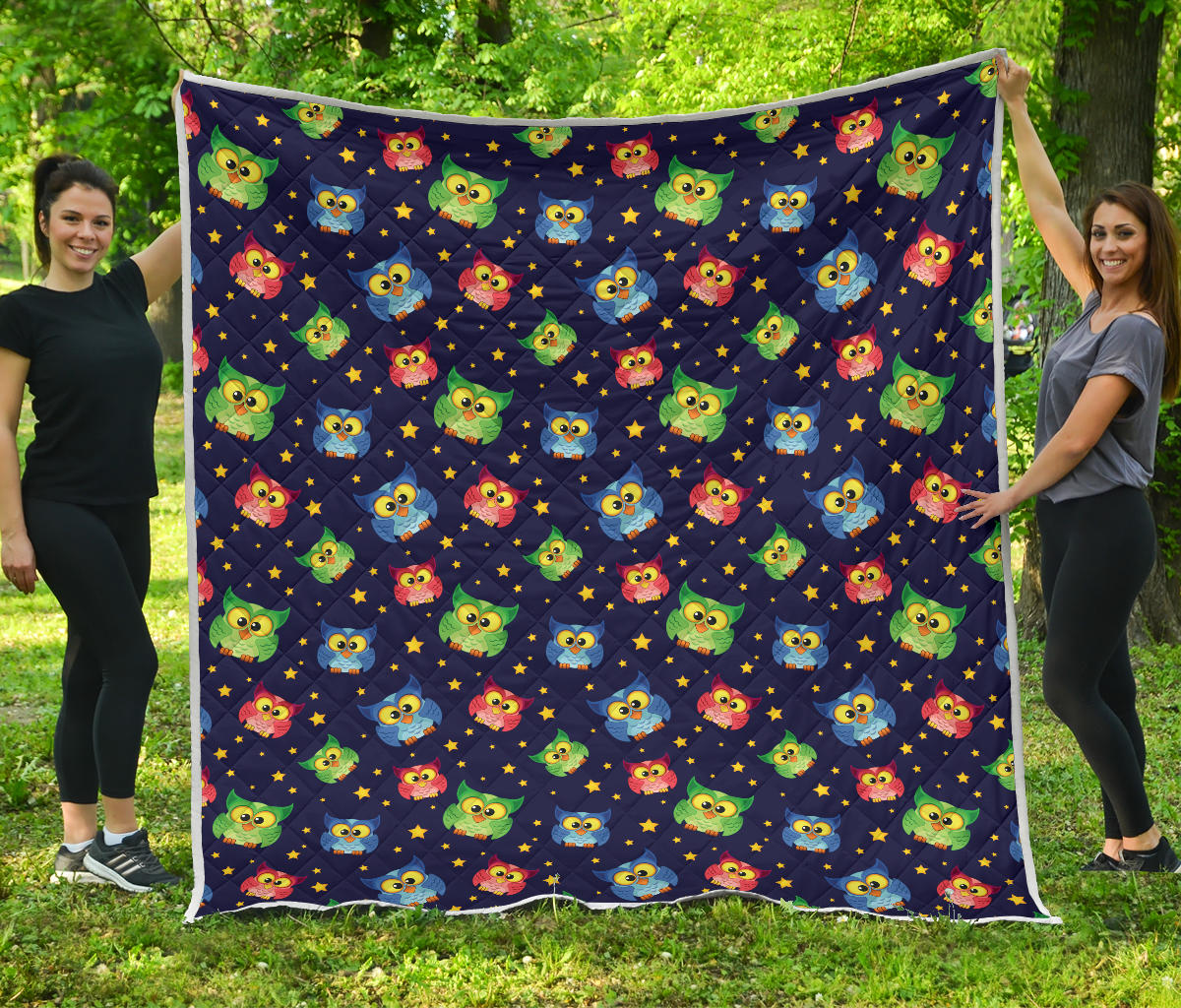 Owl with Star Themed Design Print Quilt Bedspread