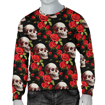 Red Rose Skull Design Print Men Long Sleeve Sweatshirt