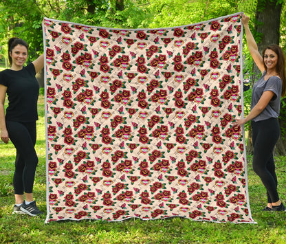 Old School Tattoo Rose Pattern Quilt Bedspread
