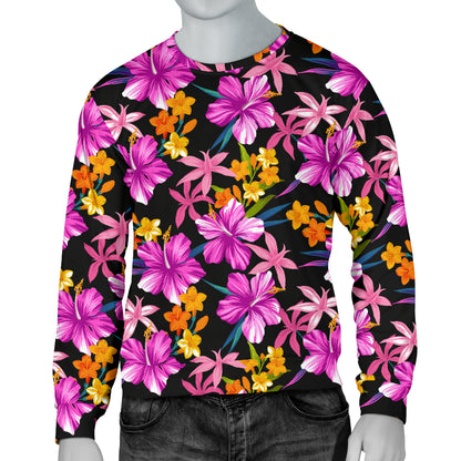 Tropical Folower Pink Hibiscus Print Men Long Sleeve Sweatshirt