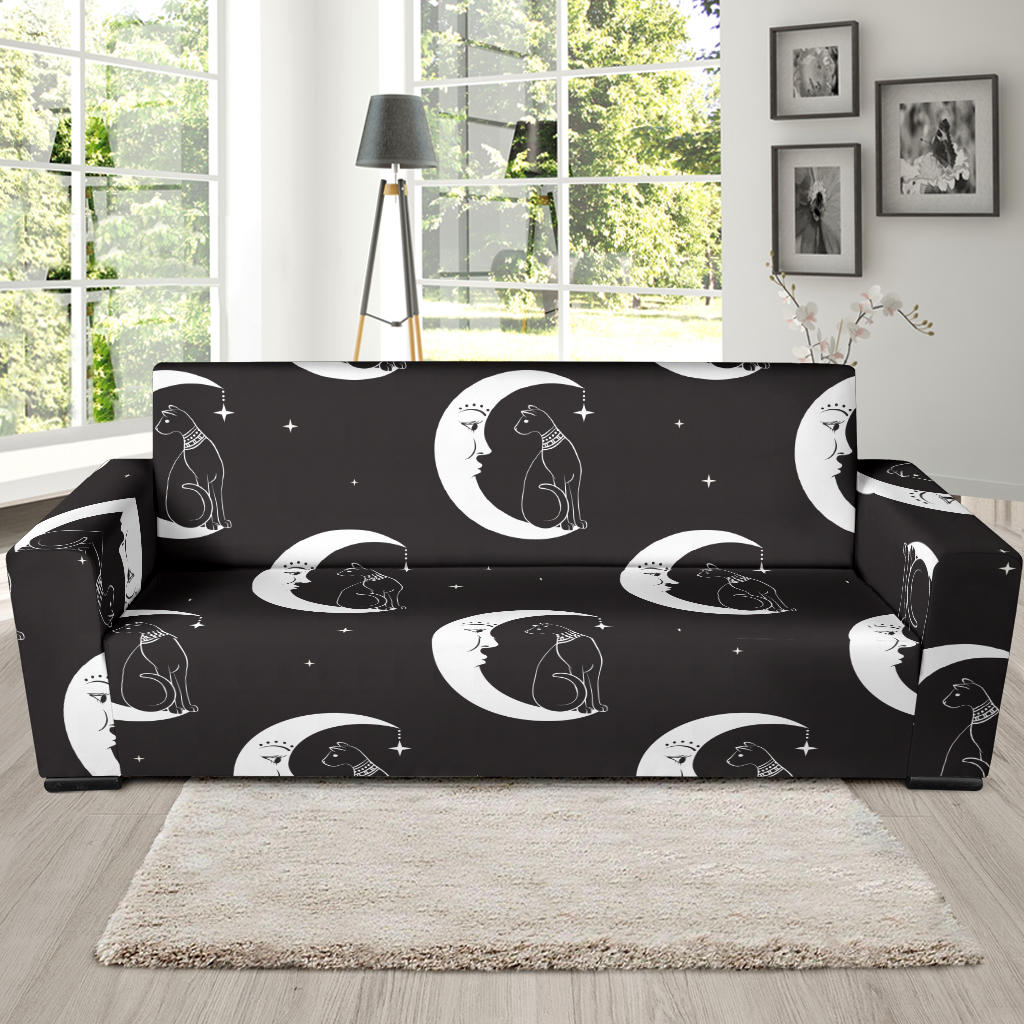 Moon with Cat Pattern Print Design 04 Sofa Slipcover