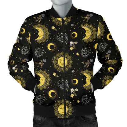 Sun Moon Golden Design Themed Print Men Bomber Jacket