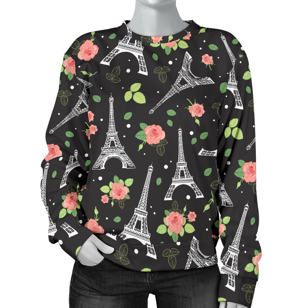 Eiffel Tower Rose Print Women Long Sleeve Sweatshirt