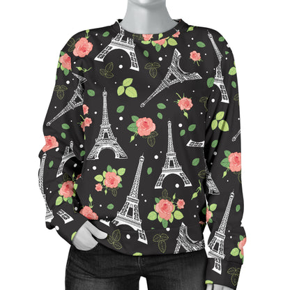 Eiffel Tower Rose Print Women Long Sleeve Sweatshirt