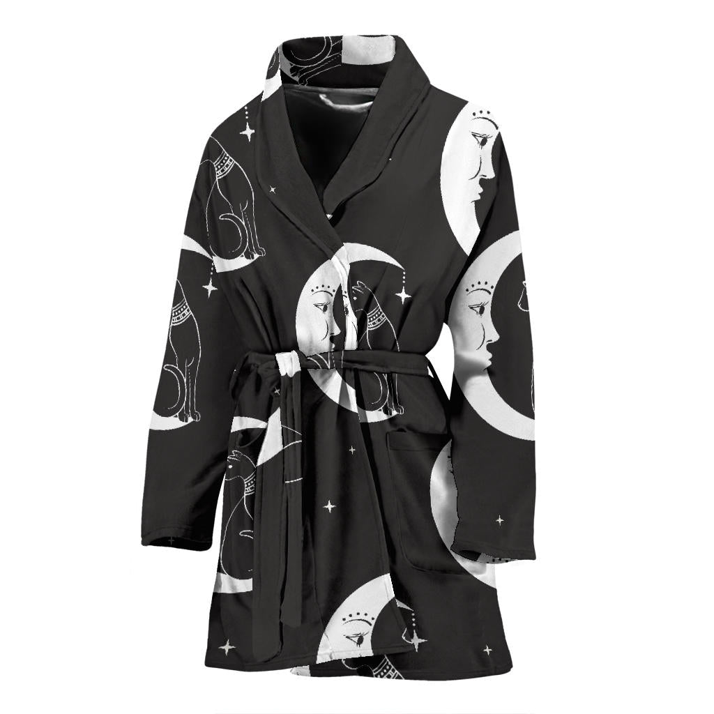 Moon with Cat Pattern Print Design 04 Women Bathrobe