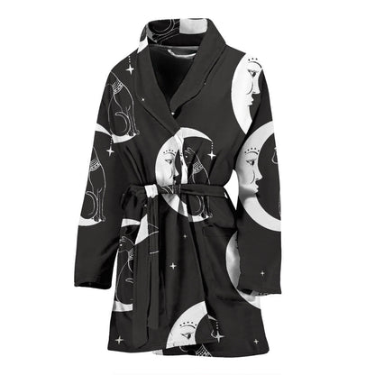 Moon with Cat Pattern Print Design 04 Women Bathrobe