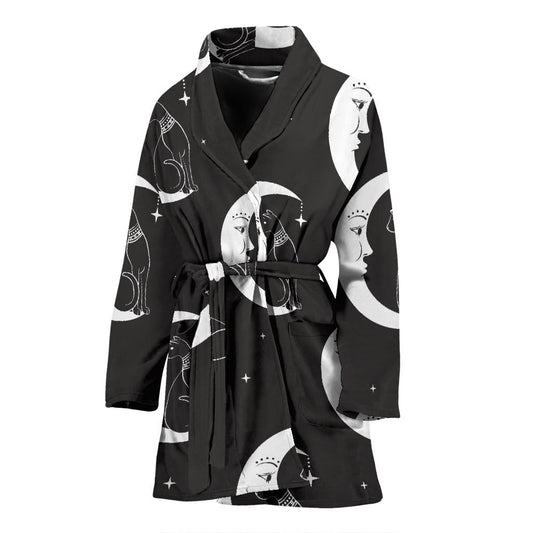 Moon with Cat Pattern Print Design 04 Women Bathrobe