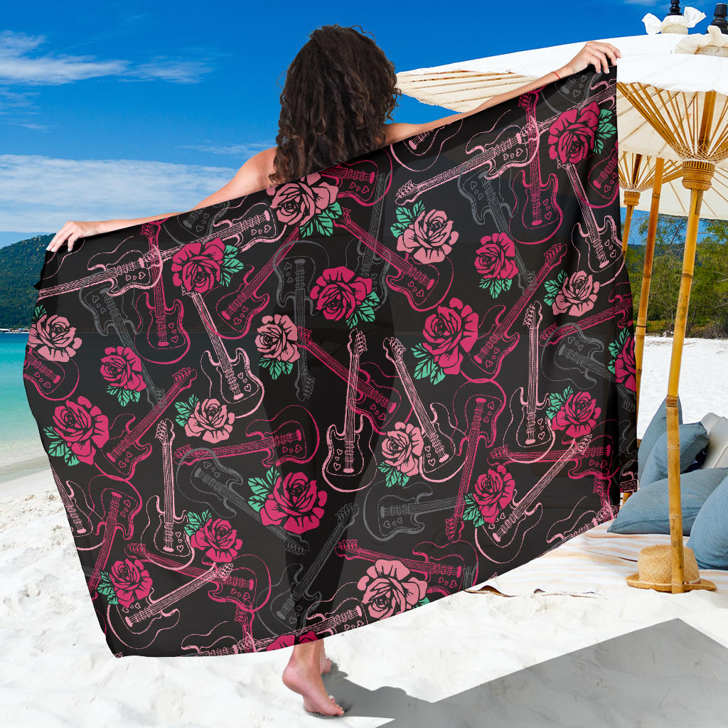 Bass Guitar Pink Rose Pattern Print Design 01 Sarong Pareo Wrap