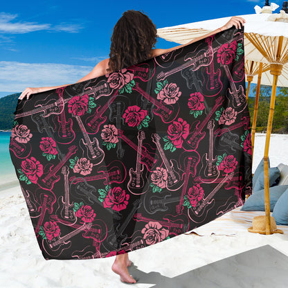 Bass Guitar Pink Rose Pattern Print Design 01 Sarong Pareo Wrap