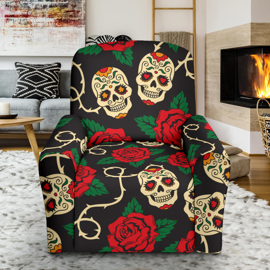 Sugar Skull Red Rose Print Design LKS301 Recliner Slipcover with Pocket
