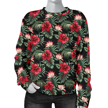 Flower Hawaiian Red Hibiscus Design Print Women Long Sleeve Sweatshirt