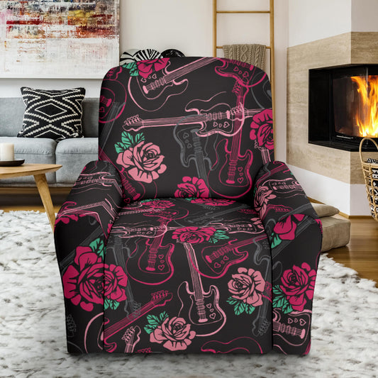 Bass Guitar Pink Rose Pattern Print Design 01 Recliner Slipcover with Pocket