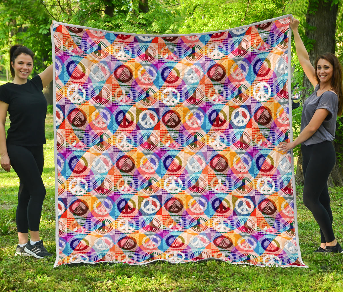 Peace Sign Patchwork Design Print Quilt Bedspread