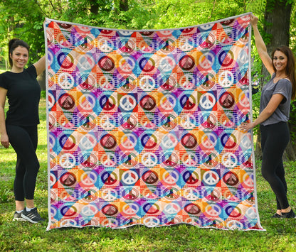 Peace Sign Patchwork Design Print Quilt Bedspread