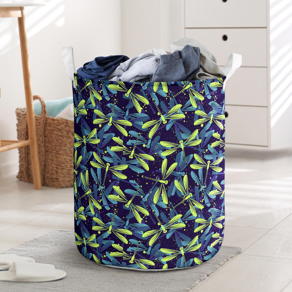 Dragonfly Lime Blue Print Pattern Laundry Basket