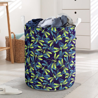 Dragonfly Lime Blue Print Pattern Laundry Basket