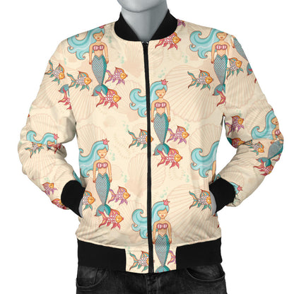 Mermaid Girl With Fish Design Print Men Bomber Jacket