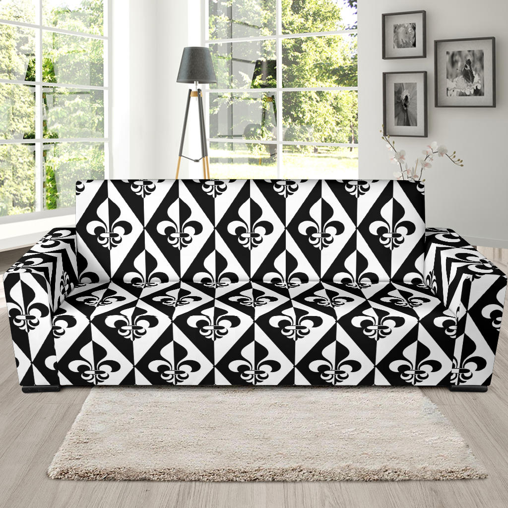 Fleur De Lis Black White Pattern Print Design 02 Sofa Slipcover