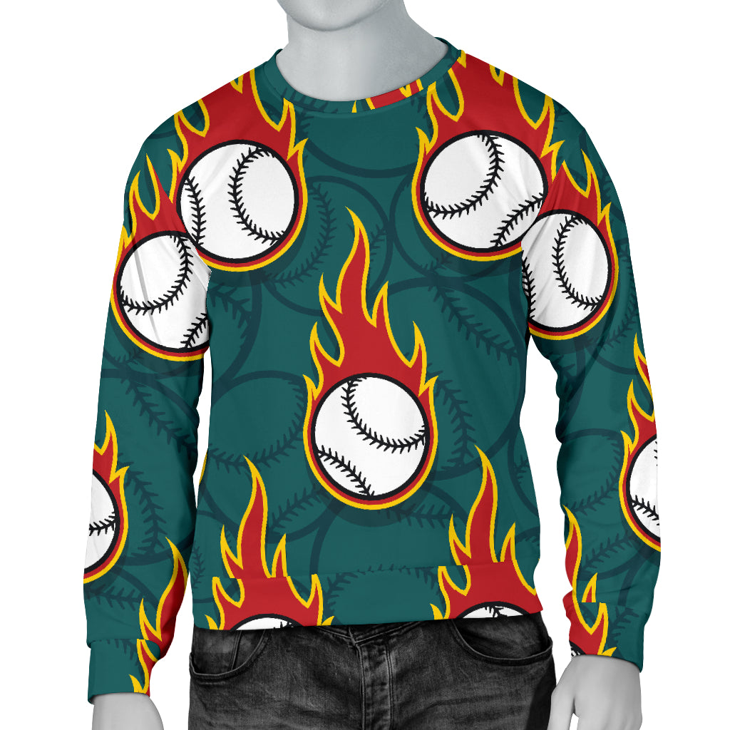 Baseball Fire Print Pattern Men Long Sleeve Sweatshirt