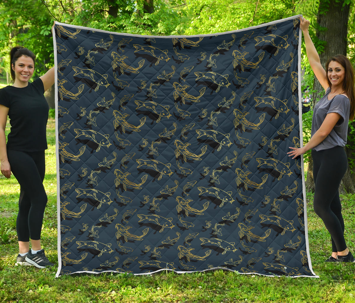 Koi Carp Gold Design Themed Print Quilt Bedspread
