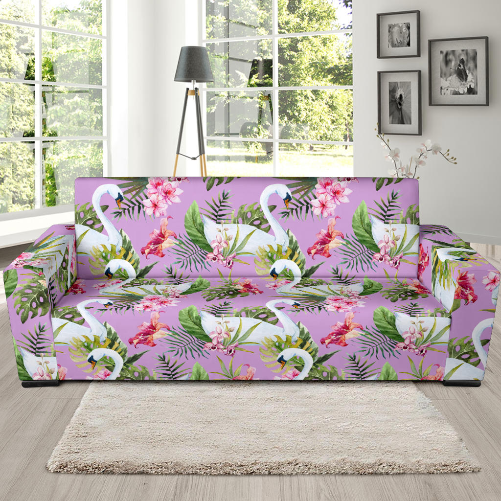 Swan with Flower Pattern Print Design 01 Sofa Slipcover