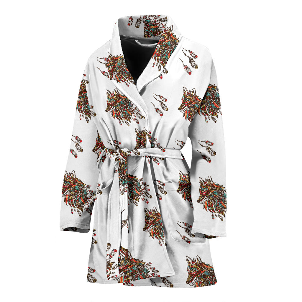 Aztec Wolf Pattern Print Design 02 Women Bathrobe