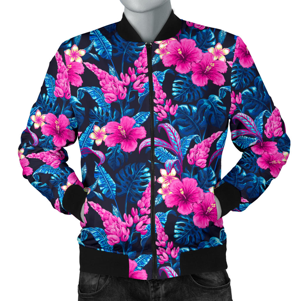 Tropical Folower Pink Themed Print Men Bomber Jacket