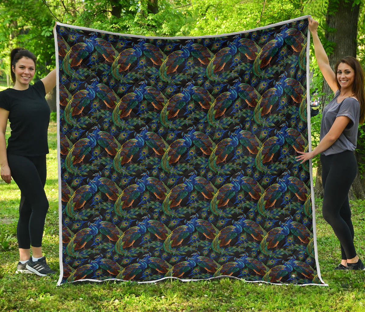Peacock Themed Design Print Quilt Bedspread