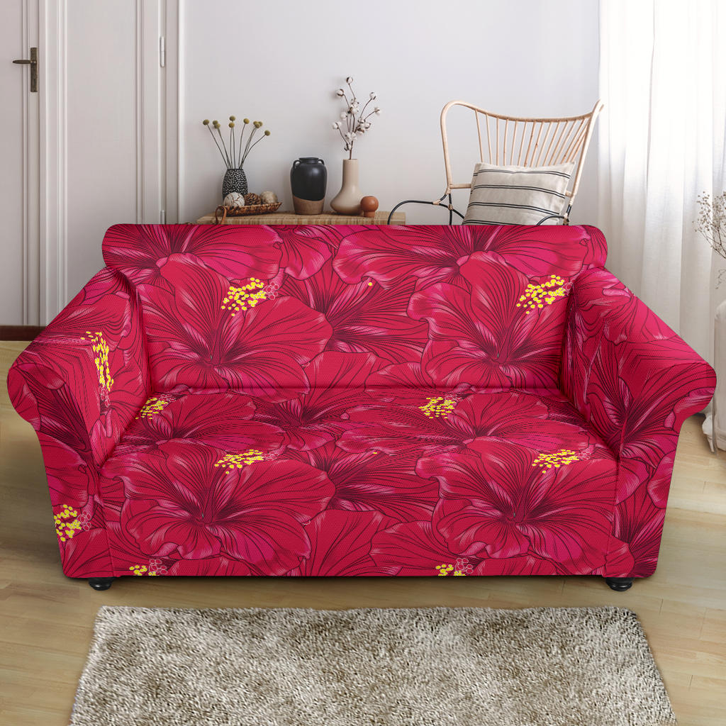 Hibiscus Red Pattern Print LKS308 Loveseat Couch Slipcover