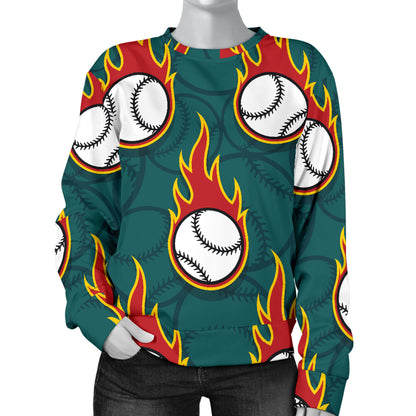 Baseball Fire Print Pattern Women Long Sleeve Sweatshirt