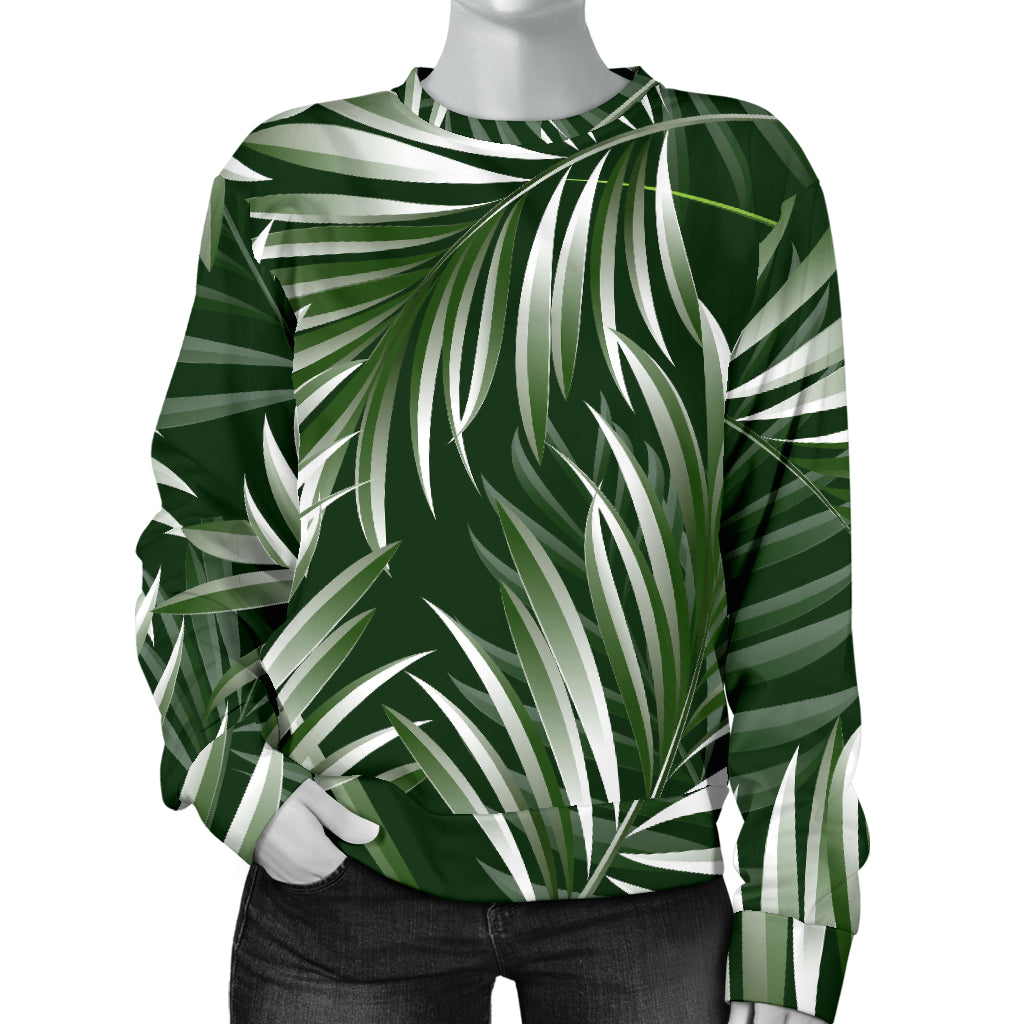 White Green Tropical Palm Leaves Women Long Sleeve Sweatshirt