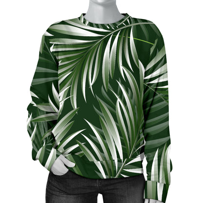 White Green Tropical Palm Leaves Women Long Sleeve Sweatshirt