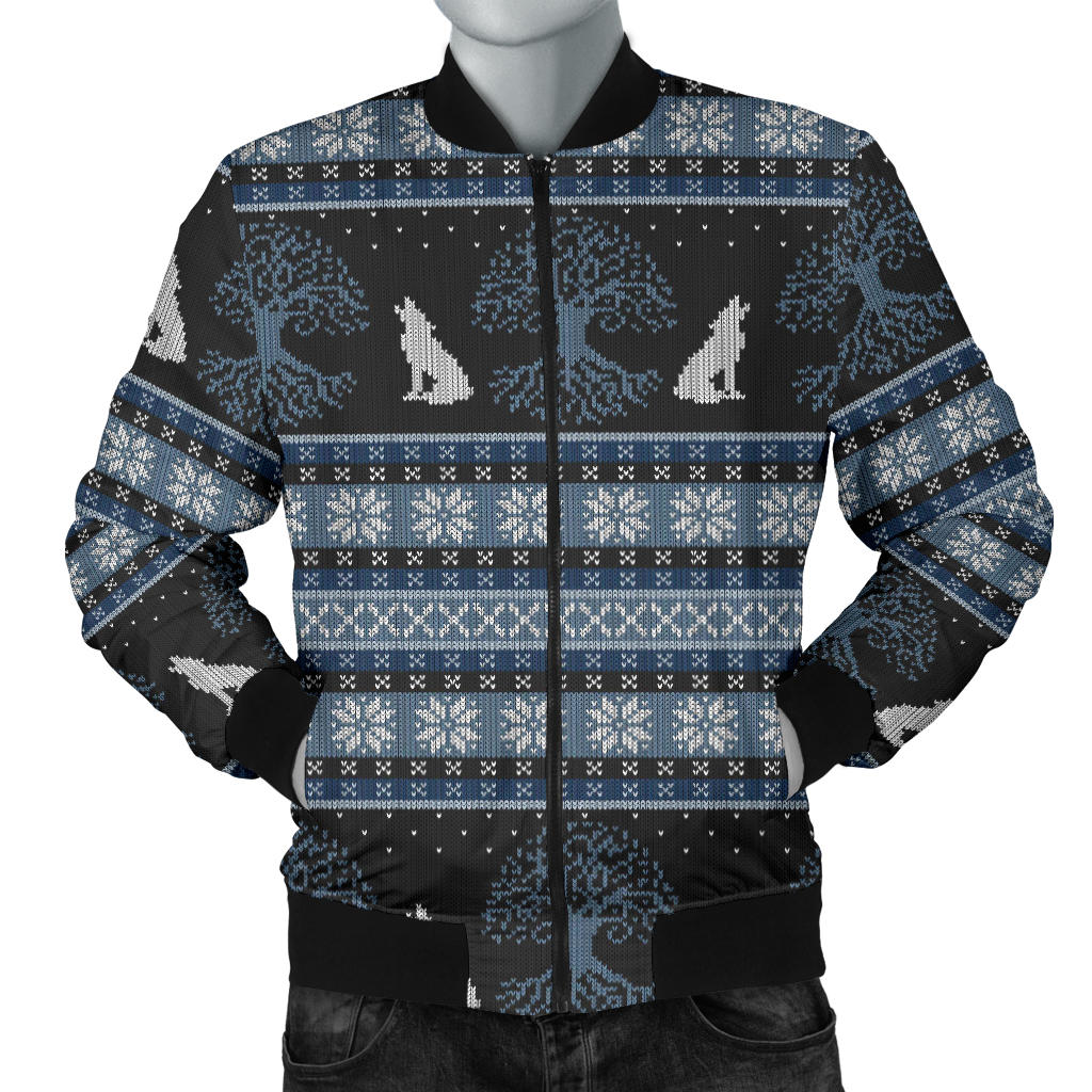 Wolf Tree of Life Knit Design Print Men Bomber Jacket