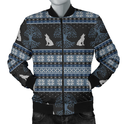Wolf Tree of Life Knit Design Print Men Bomber Jacket