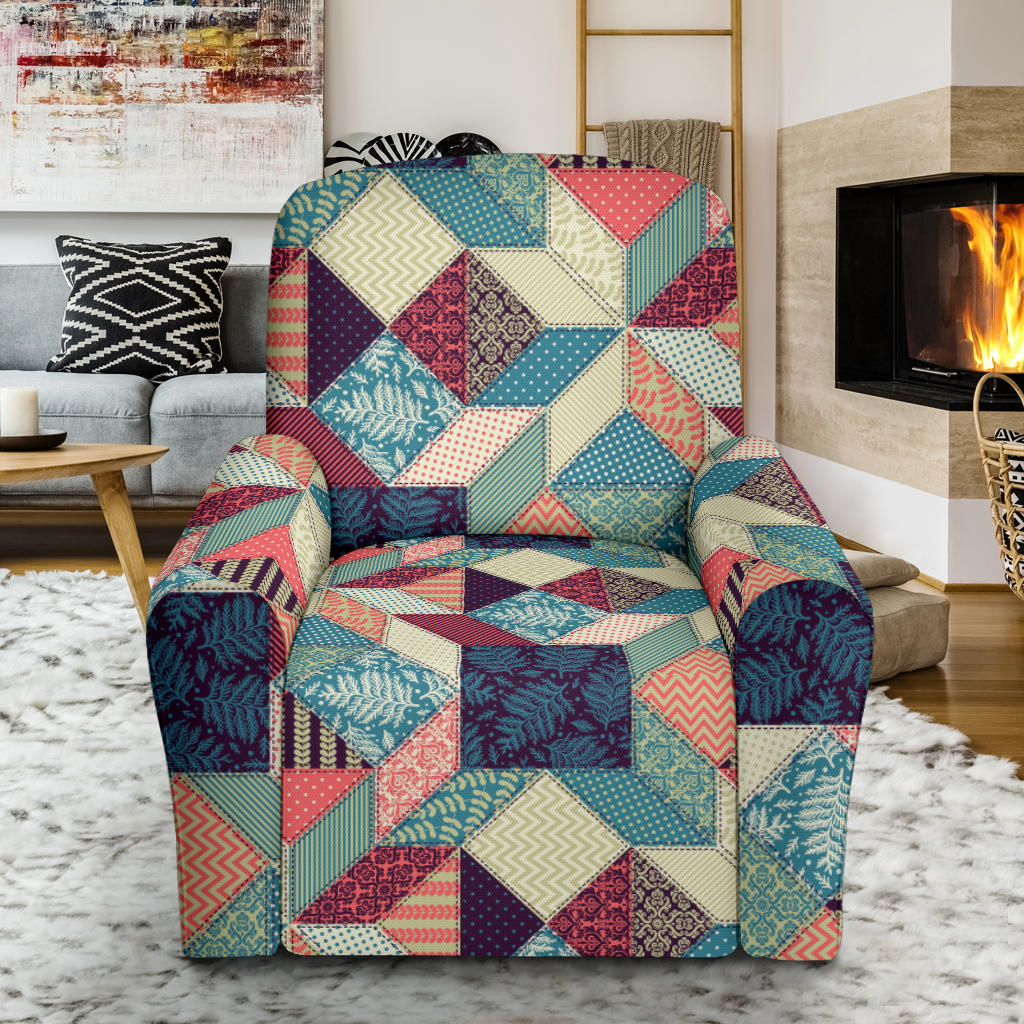 Patchwork Pattern Print Design 02 Recliner Slipcover with Pocket