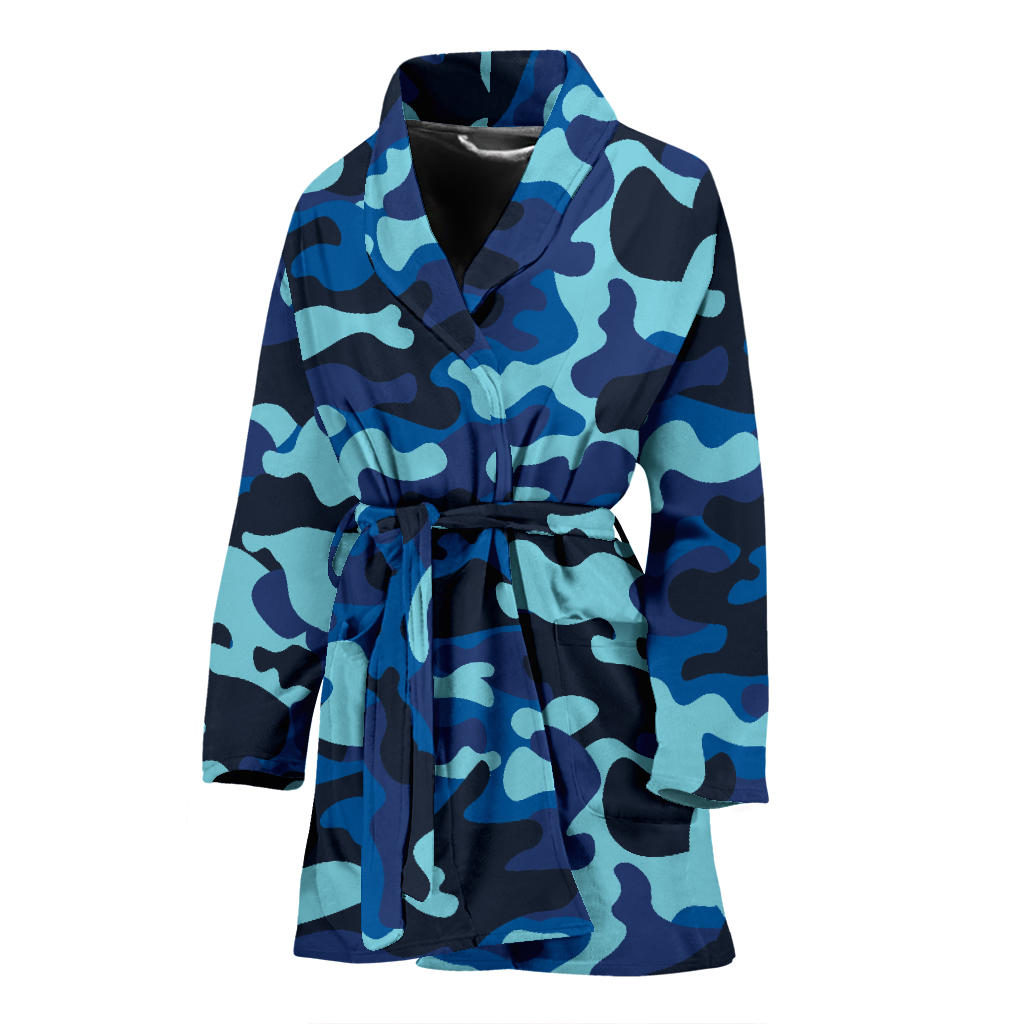 Camo Blue Pattern Print Design 04 Women Bathrobe