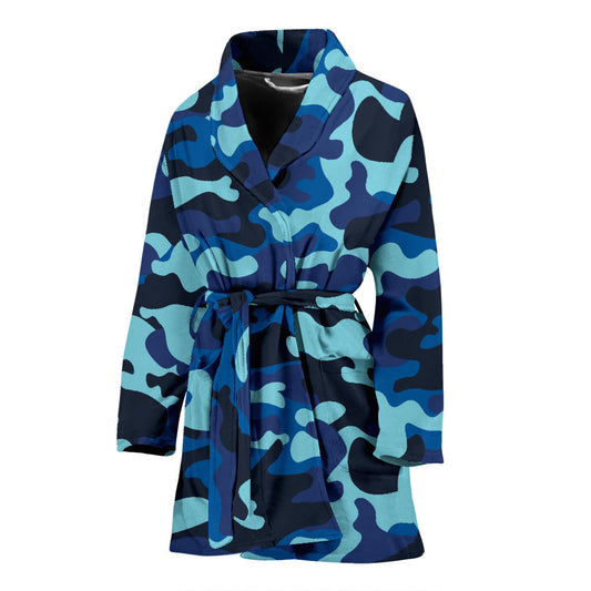 Camo Blue Pattern Print Design 04 Women Bathrobe