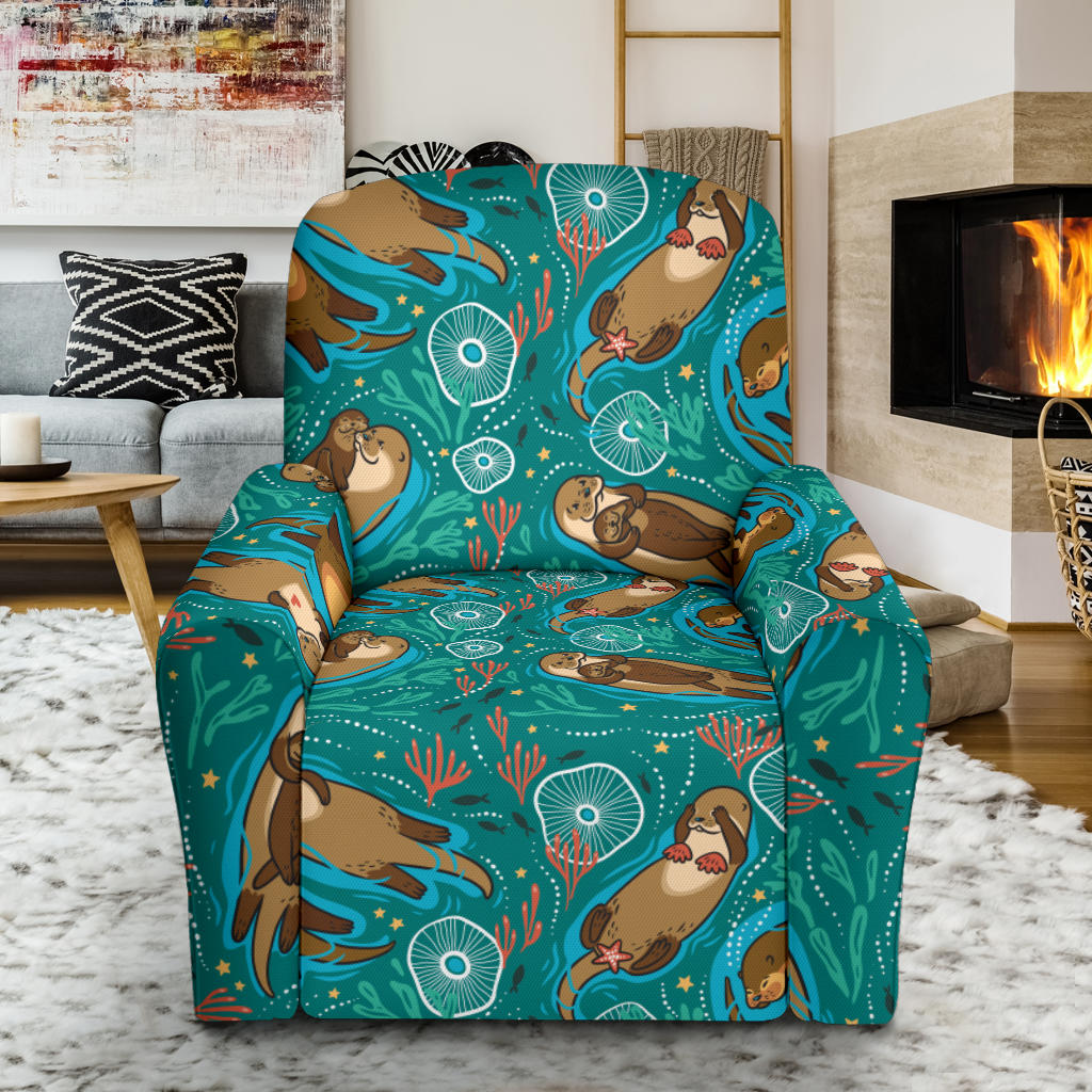Sea Otter Pattern Print Design 01 Recliner Slipcover with Pocket