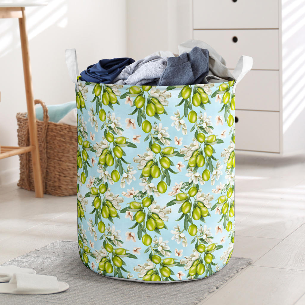Elegant Olive Floral Print Laundry Basket