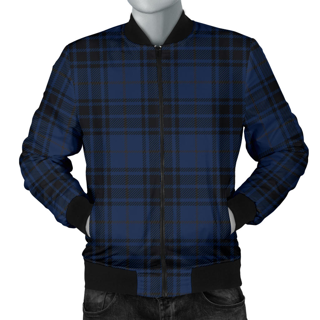 Navy Blue Tartan Plaid Pattern Men Bomber Jacket