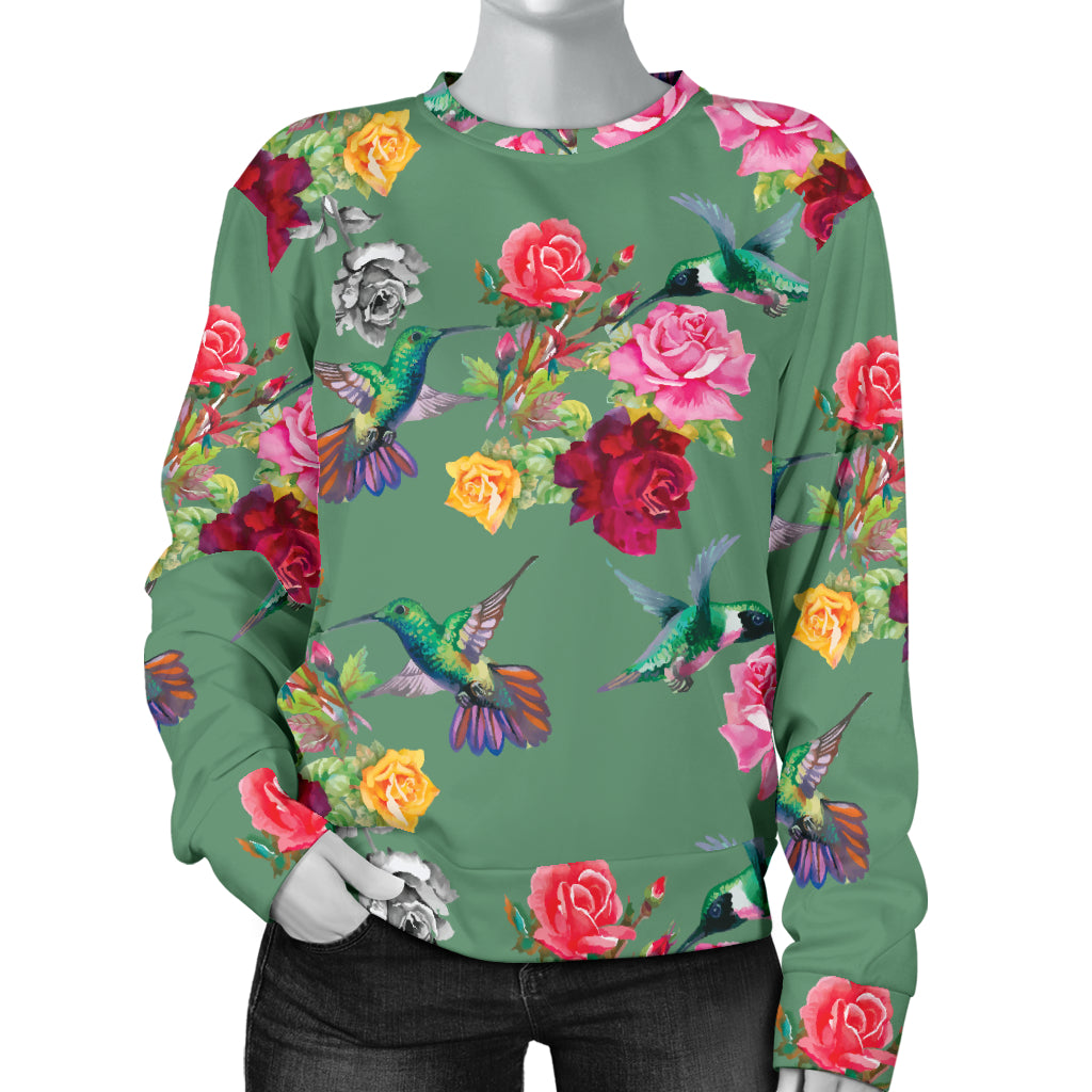 Hummingbird with Rose Themed Print Women Long Sleeve Sweatshirt