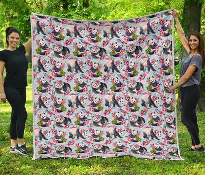 Panda Bear Flower Design Themed Print Quilt Bedspread