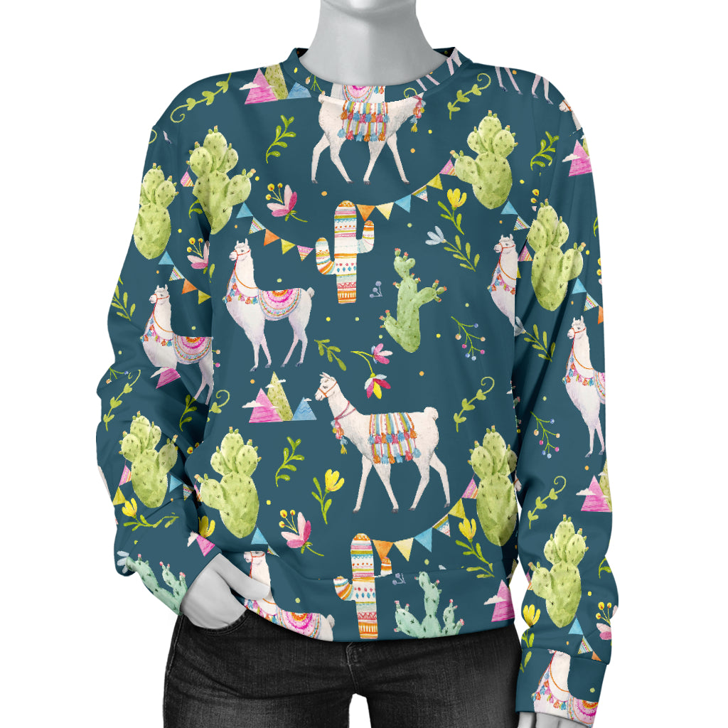 Llama with Cactus Design Print Women Long Sleeve Sweatshirt