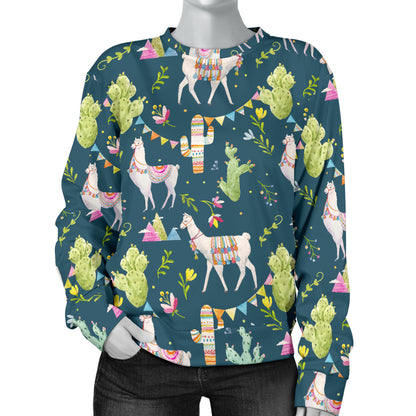 Llama with Cactus Design Print Women Long Sleeve Sweatshirt