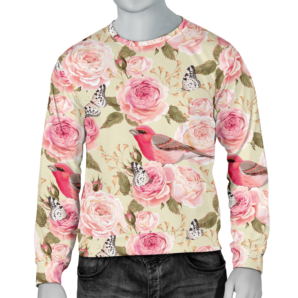Bird Butterfly Pink Flower Print Pattern Men Long Sleeve Sweatshirt