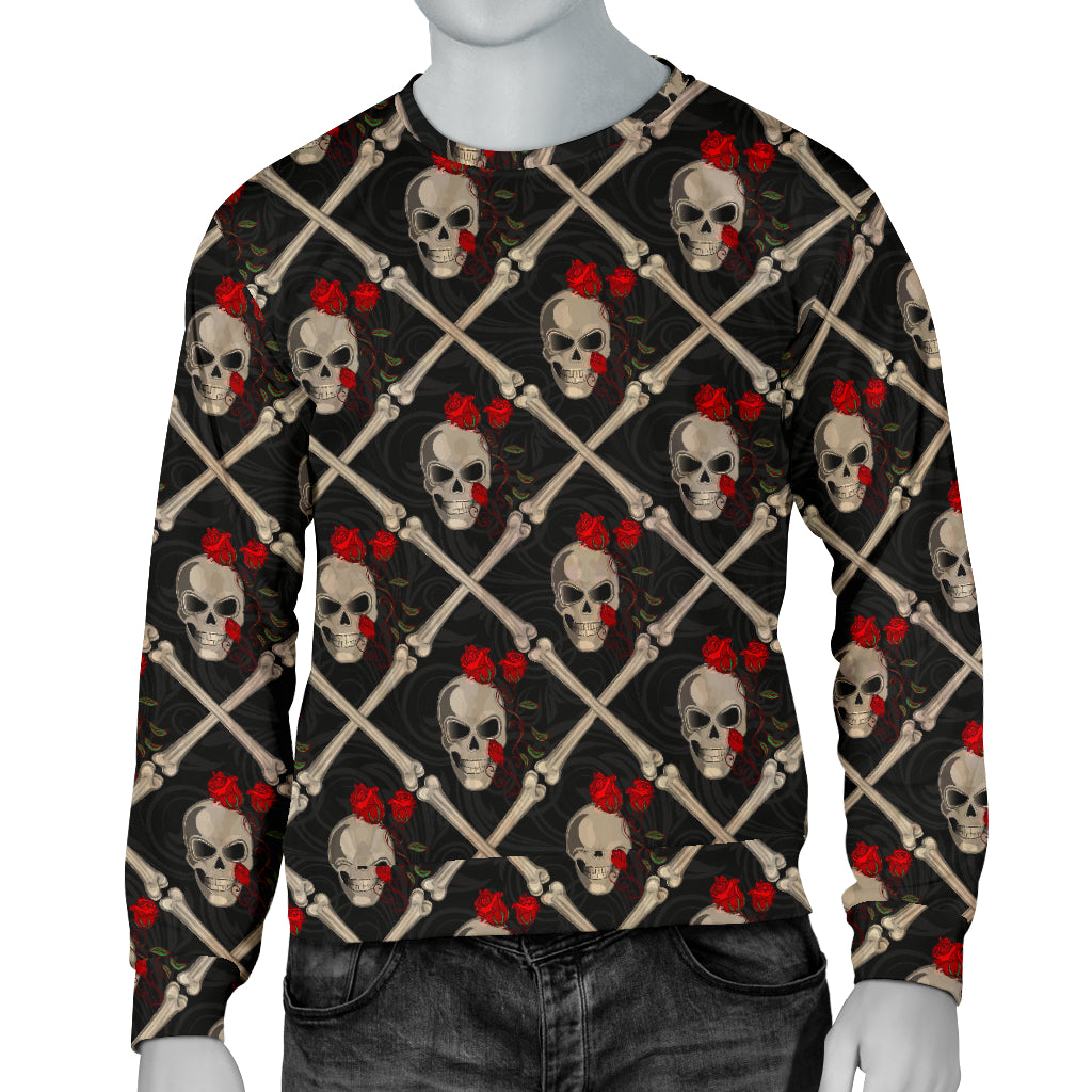 Skull Roses Bone Design Themed Print Men Long Sleeve Sweatshirt