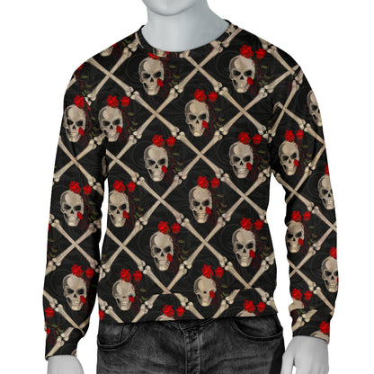 Skull Roses Bone Design Themed Print Men Long Sleeve Sweatshirt