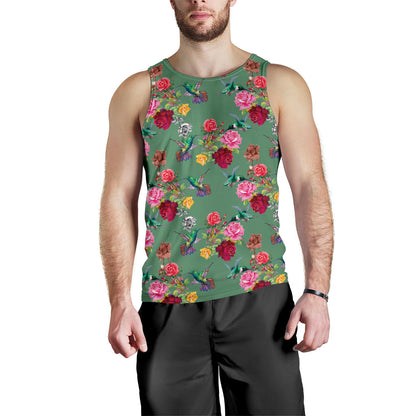 Hummingbird with Rose Themed Print Men Tank Top