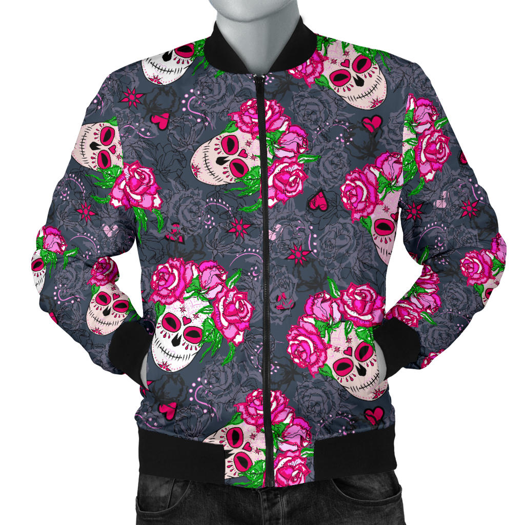 Sugar Skull Pink Rose Themed Print Men Bomber Jacket