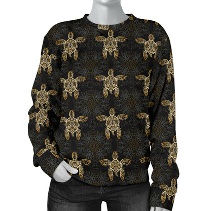 Gold Tribal Turtle Polynesian Design Women Long Sleeve Sweatshirt